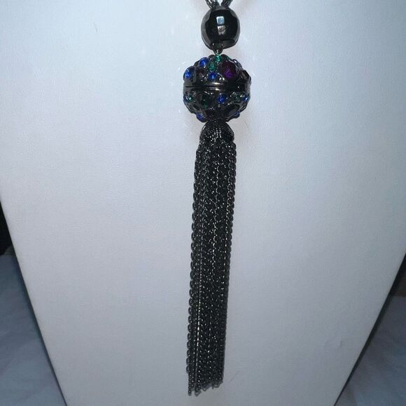 Gunmetal and Crystal Long Fringe Statement Necklace - Picture 3 of 11